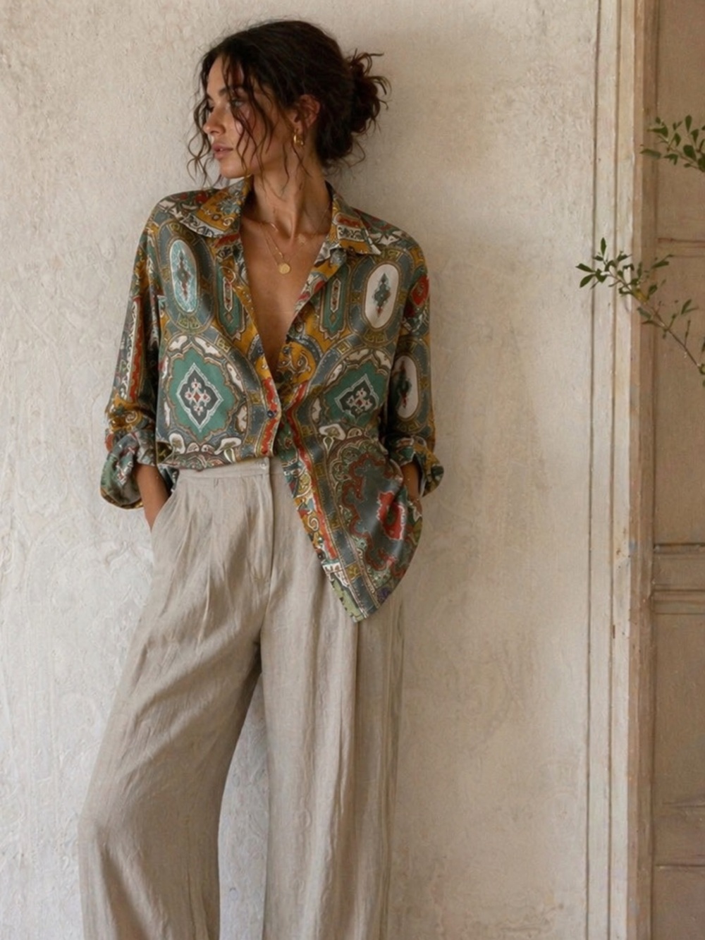 Vintage Silk Tapestry Blouse | Ornate Print | Size M
